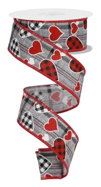 1.5"x10yd Check Heart/Mini Heart/Plaid, Grey/Black/Red/White  FB11