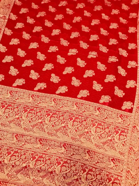 Attractive Red Color Designer Georgette Saree With Peacock Motifs And Rich Pallu
