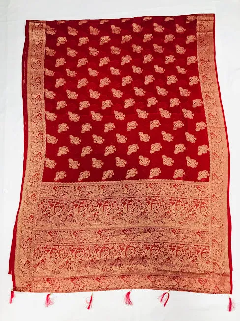 Attractive Red Color Designer Georgette Saree With Peacock Motifs And Rich Pallu