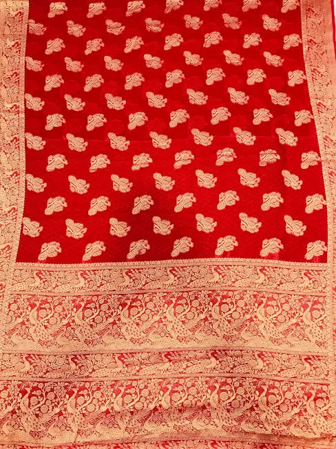 Attractive Red Color Designer Georgette Saree With Peacock Motifs And Rich Pallu