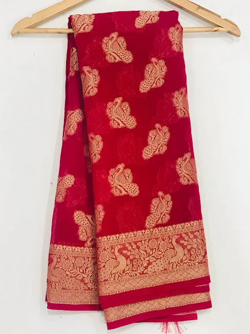 Attractive Red Color Designer Georgette Saree With Peacock Motifs And Rich Pallu