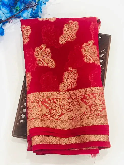 Attractive Red Color Designer Georgette Saree With Peacock Motifs And Rich Pallu
