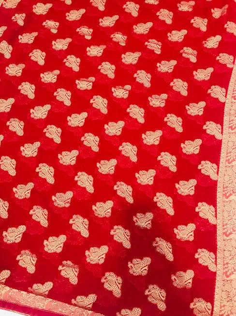 Attractive Red Color Designer Georgette Saree With Peacock Motifs And Rich Pallu