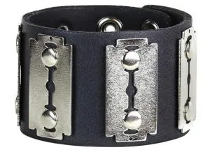Black Leather Bracelet w/ Silver Razorblade Charms