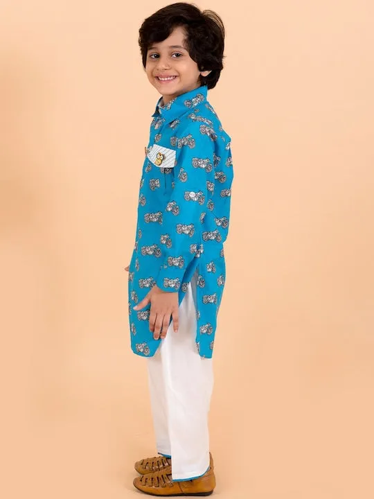 Boys Blue Printed Pure Cotton Kurti With Pyjamas