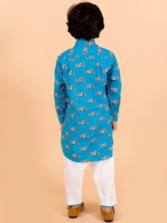 Boys Blue Printed Pure Cotton Kurti With Pyjamas