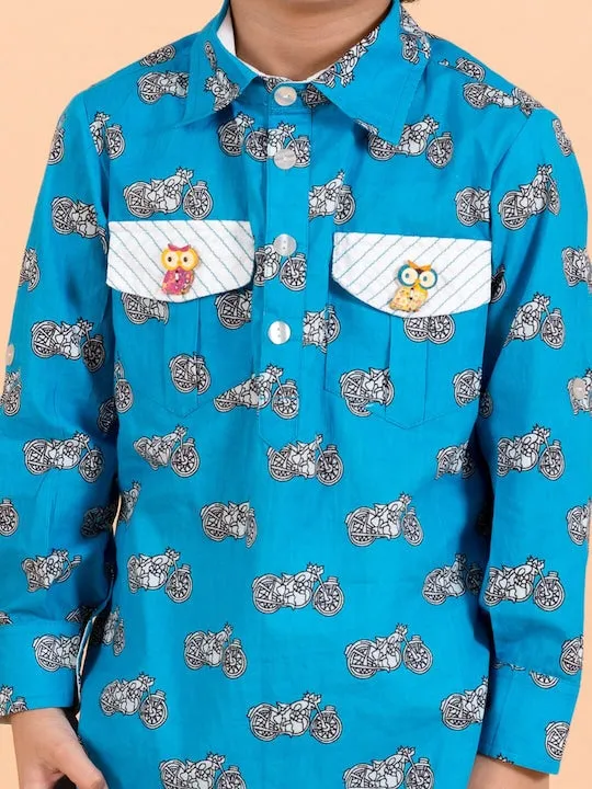 Boys Blue Printed Pure Cotton Kurti With Pyjamas