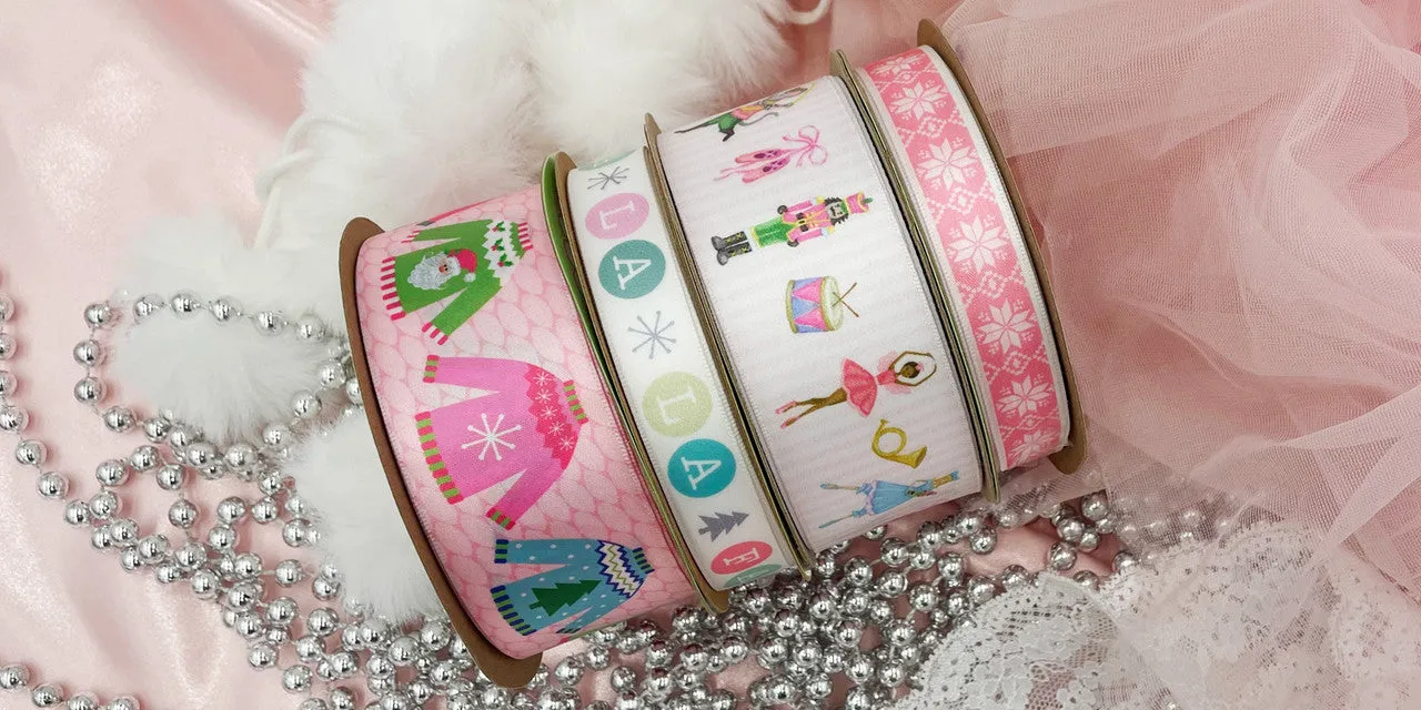 Christmas Ribbon Fa La La in pastels printed on 5/8" white single face satin