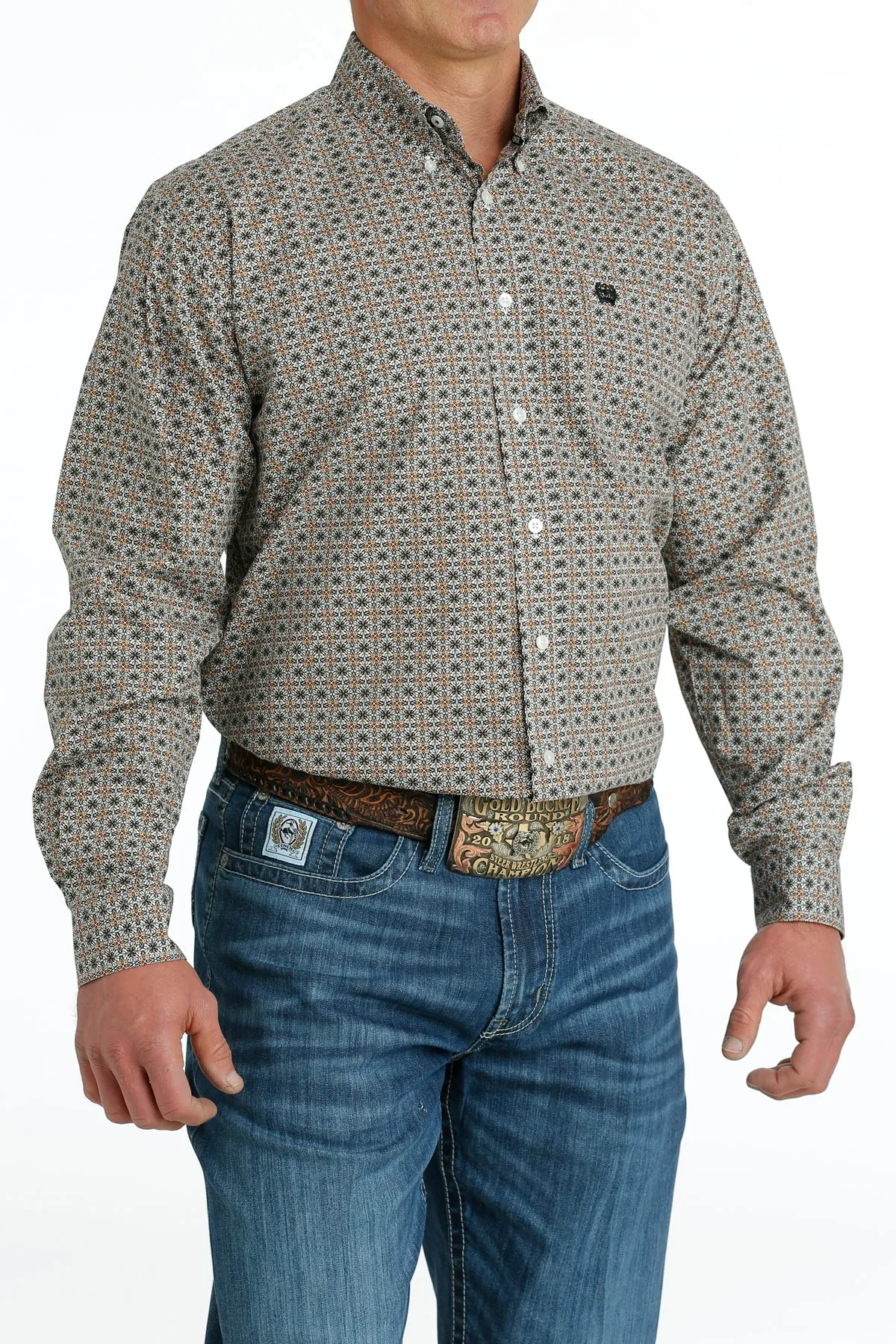 Cinch White/Gold Geometric Print Button-Down Shirt for Men