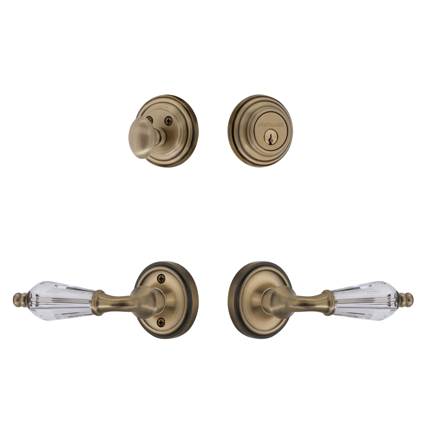 Classic Rosette Entry Set with Parlour Crystal Lever in Antique Brass