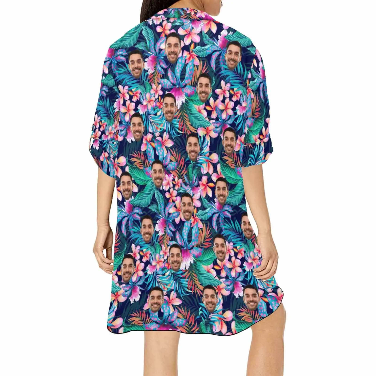 Custom Face Colorful Leaf Pink Flower Chiffon Shirt Dress Cover Up Thin Personalized Womens V-Neck Bikini Beach Tunic Top