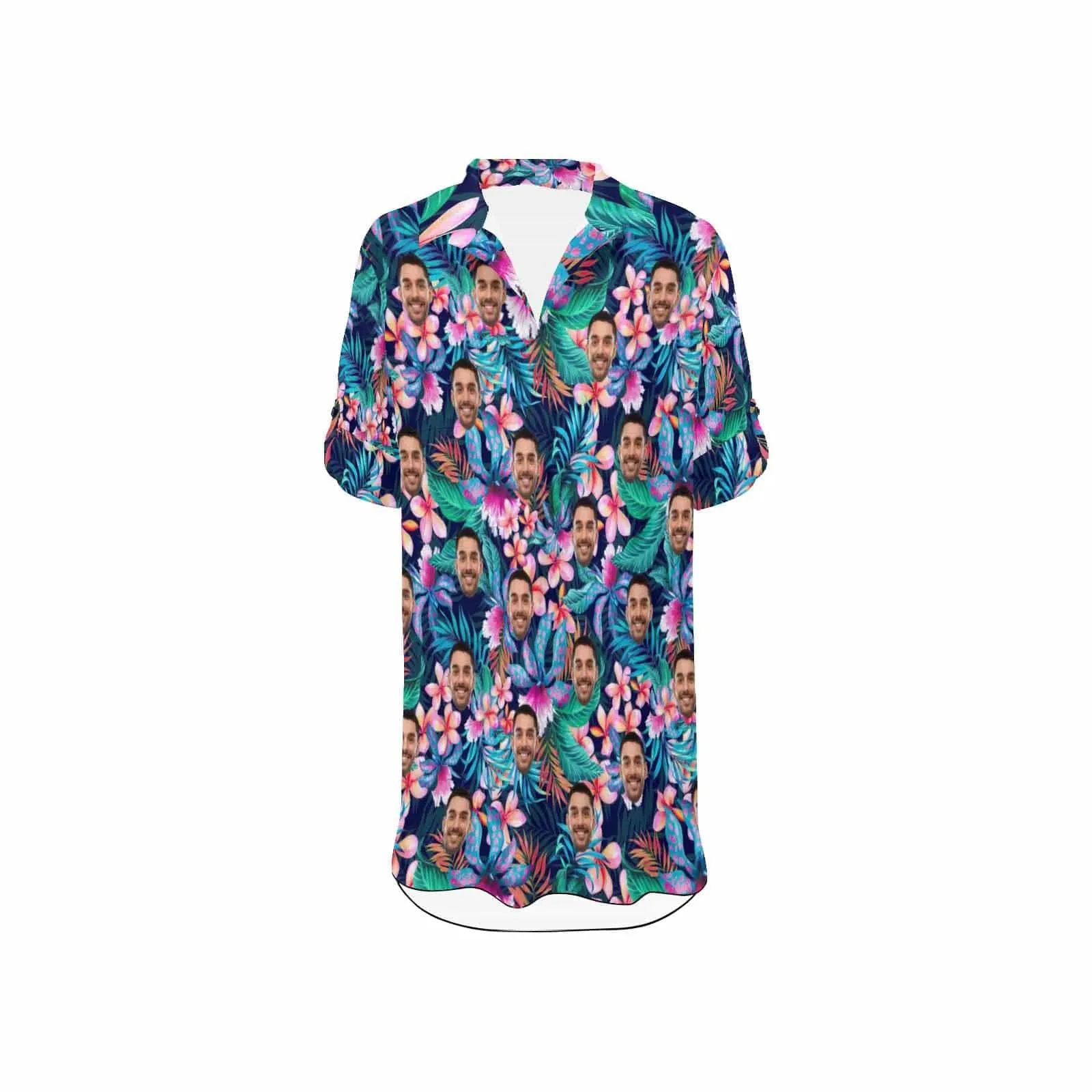 Custom Face Colorful Leaf Pink Flower Chiffon Shirt Dress Cover Up Thin Personalized Womens V-Neck Bikini Beach Tunic Top