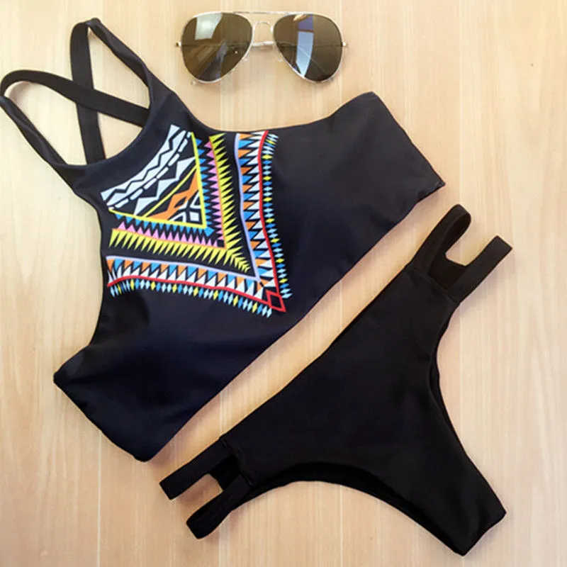 Geometric Printed High Neck Low Waist Bikini