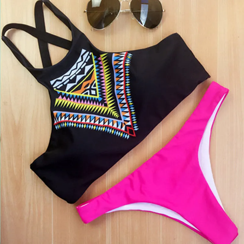 Geometric Printed High Neck Low Waist Bikini