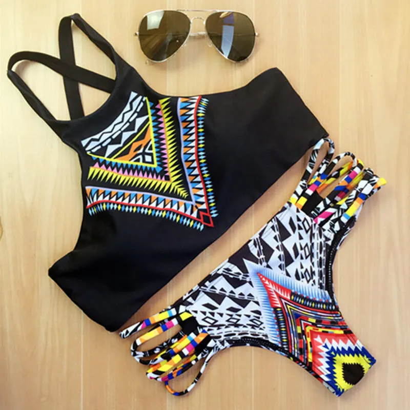 Geometric Printed High Neck Low Waist Bikini