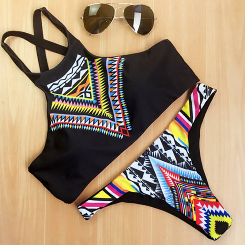 Geometric Printed High Neck Low Waist Bikini