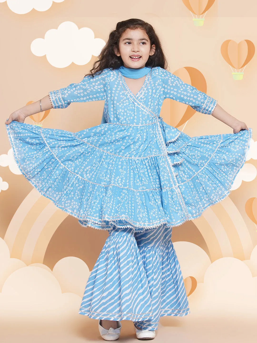 Girls blue Bandhani  Printed Angrakha Gotta Patti Kurta With Sharara  With Dupatta