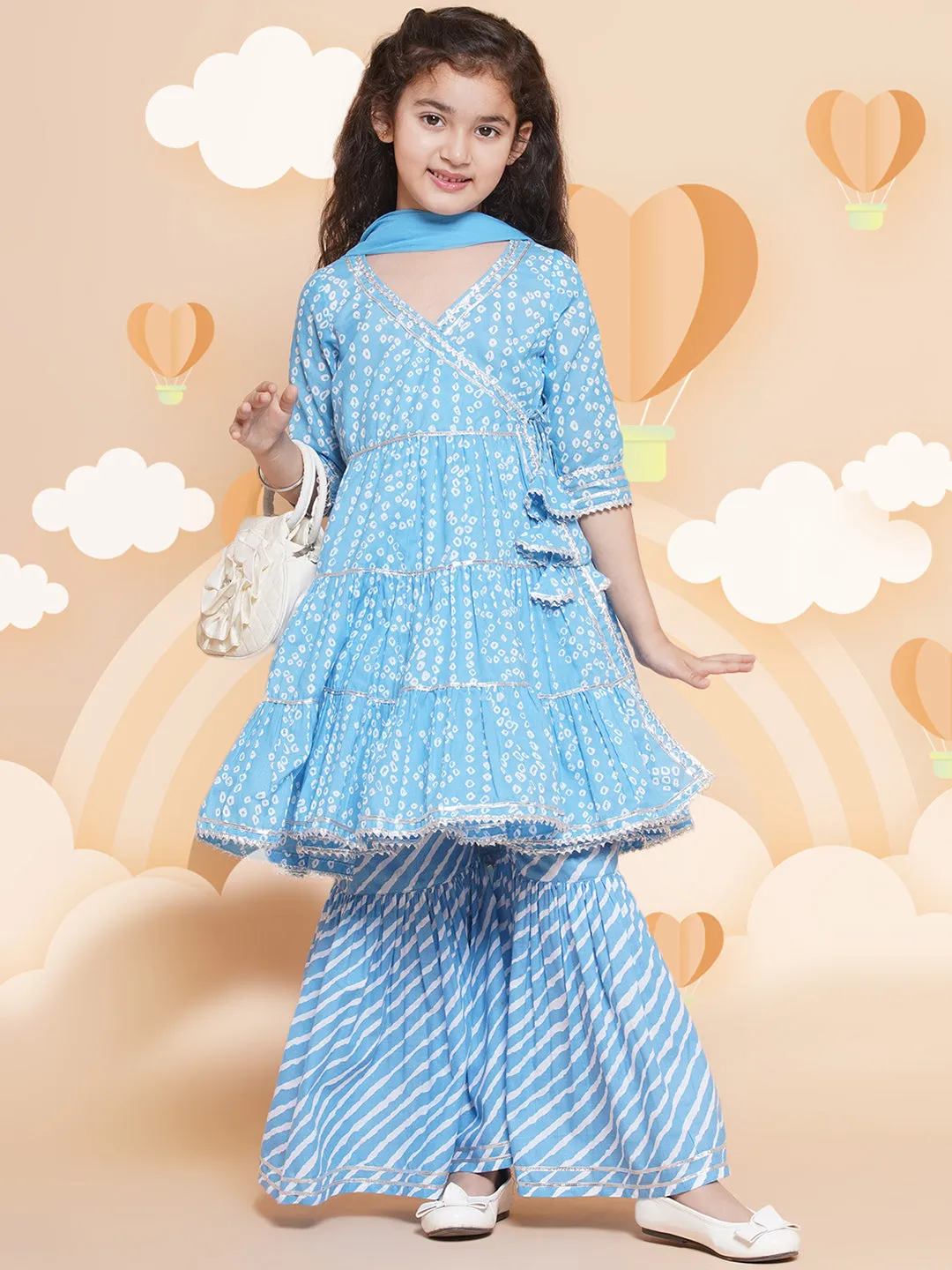 Girls blue Bandhani  Printed Angrakha Gotta Patti Kurta With Sharara  With Dupatta