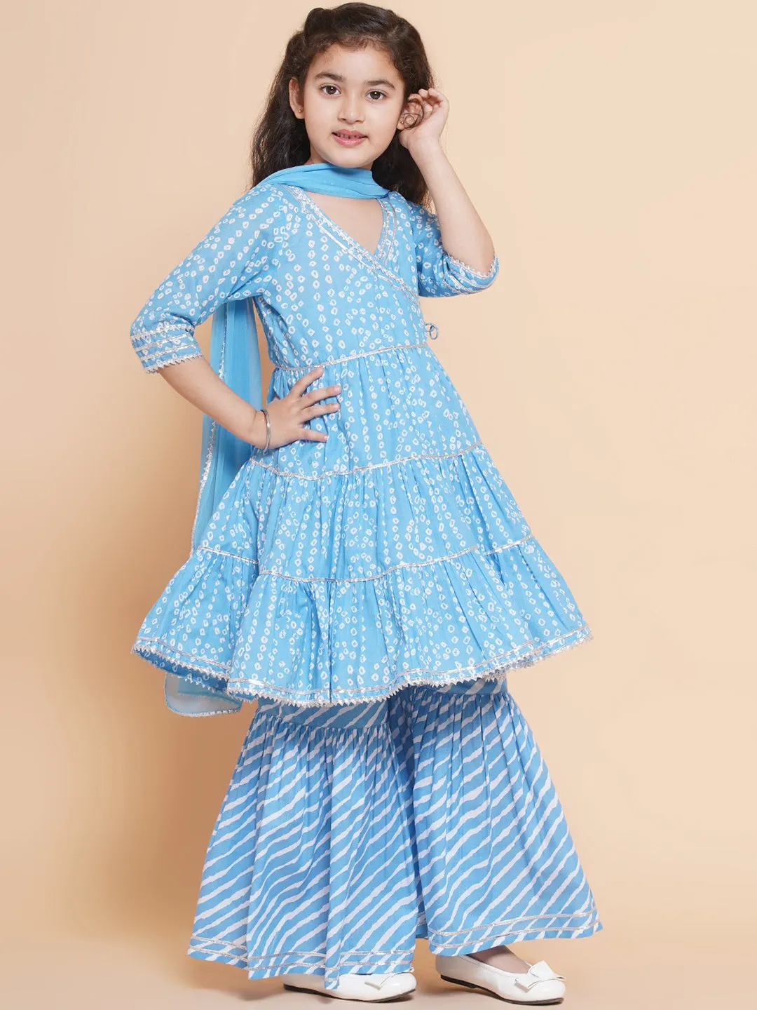 Girls blue Bandhani  Printed Angrakha Gotta Patti Kurta With Sharara  With Dupatta