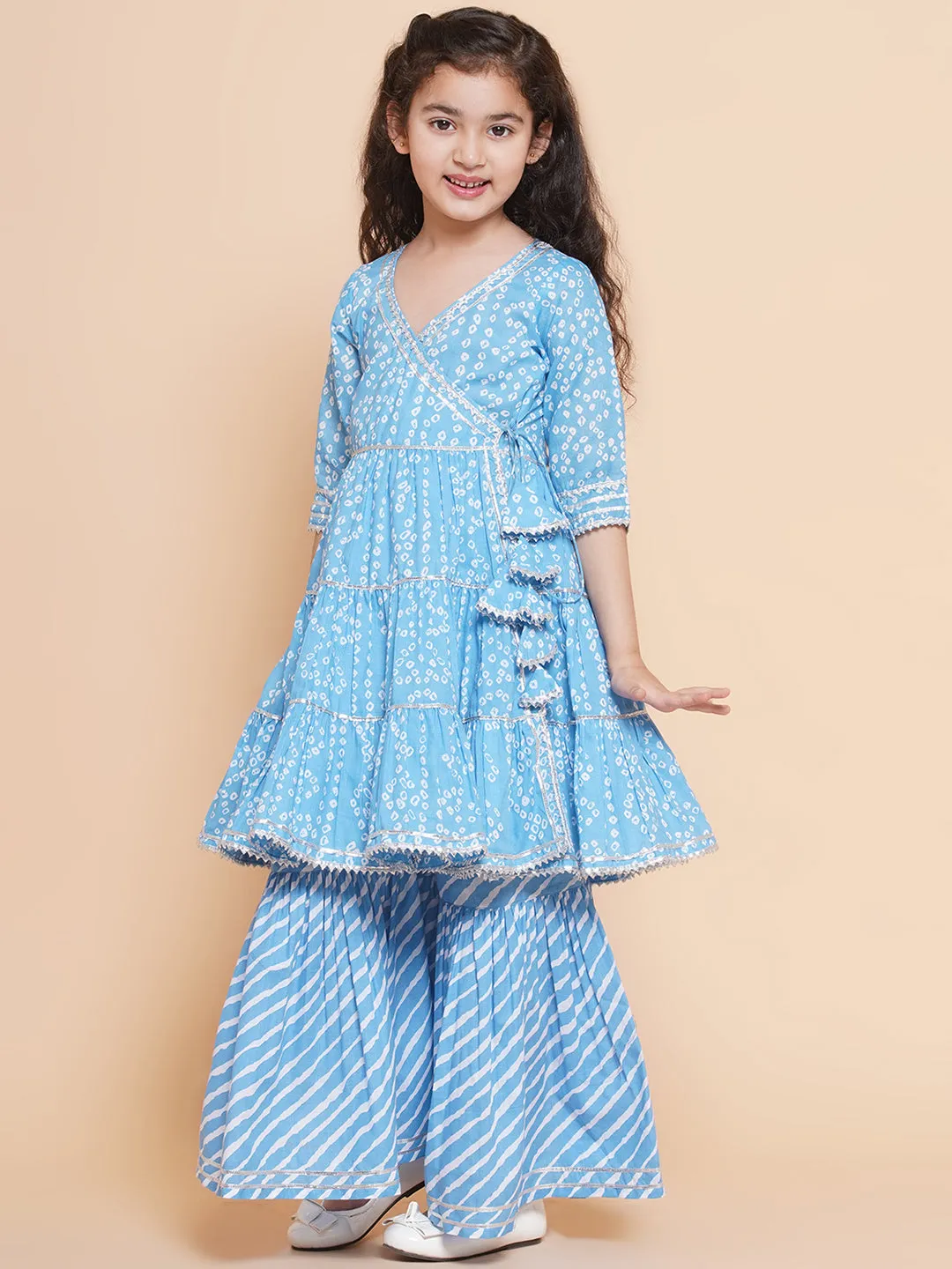 Girls blue Bandhani  Printed Angrakha Gotta Patti Kurta With Sharara  With Dupatta