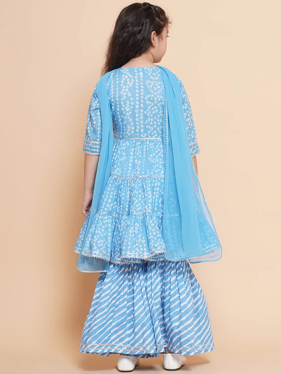 Girls blue Bandhani  Printed Angrakha Gotta Patti Kurta With Sharara  With Dupatta