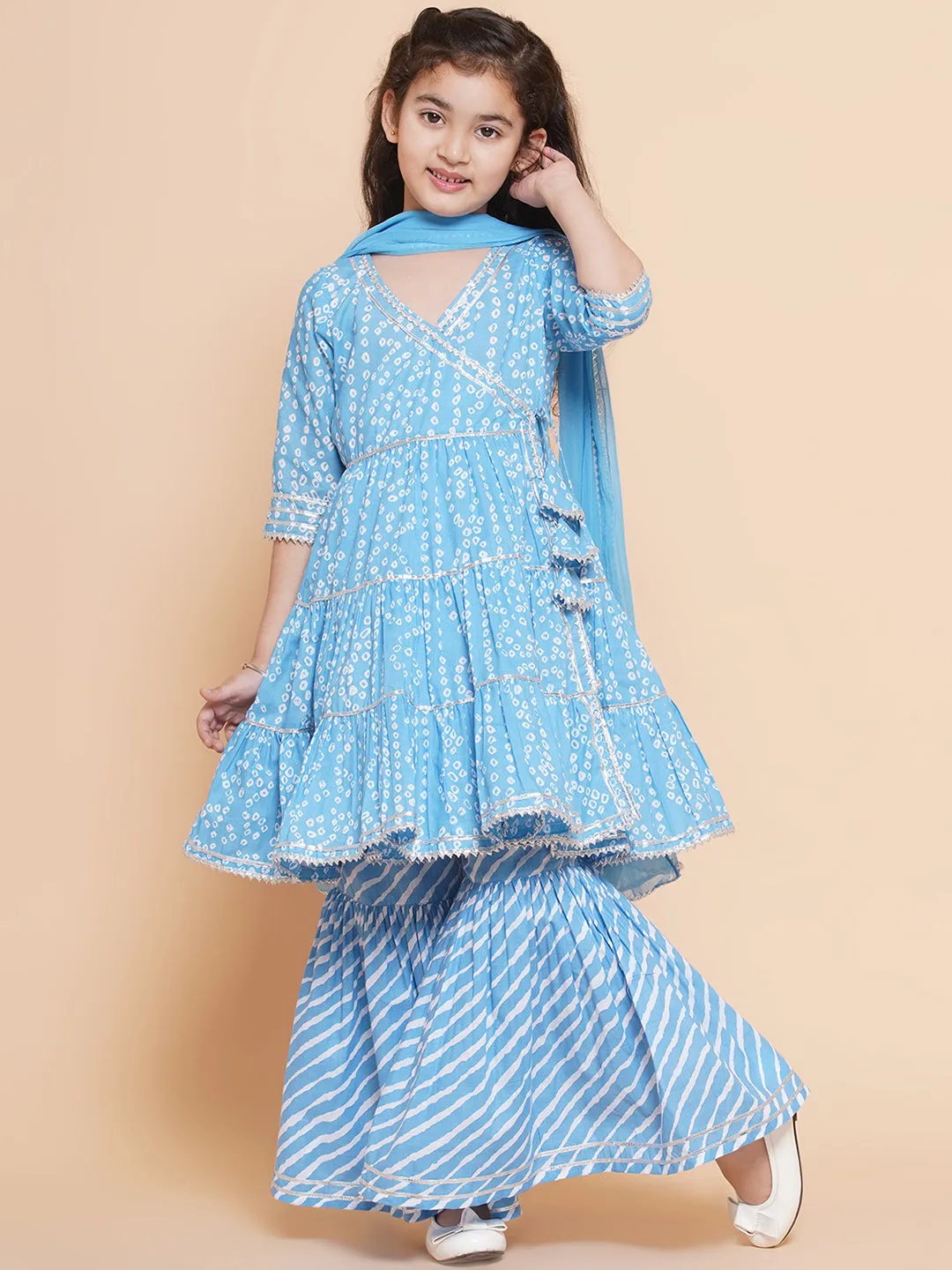 Girls blue Bandhani  Printed Angrakha Gotta Patti Kurta With Sharara  With Dupatta