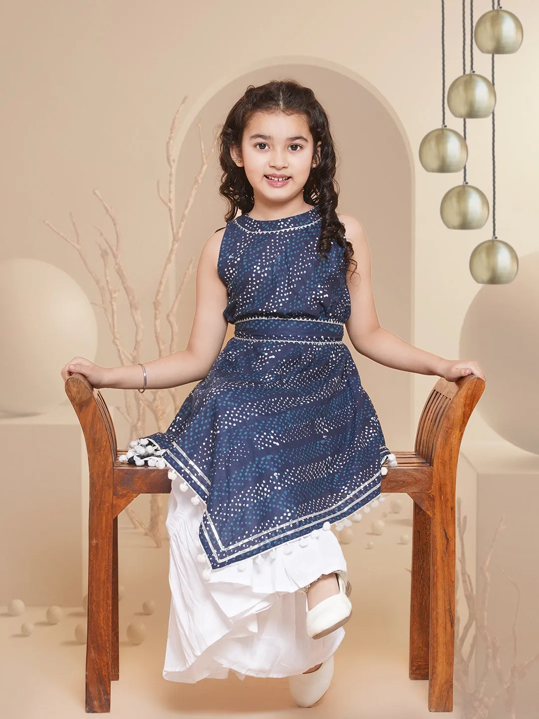 Girls Navy Blue Printed With Lace Handkerchief Style Kurta With Sharara