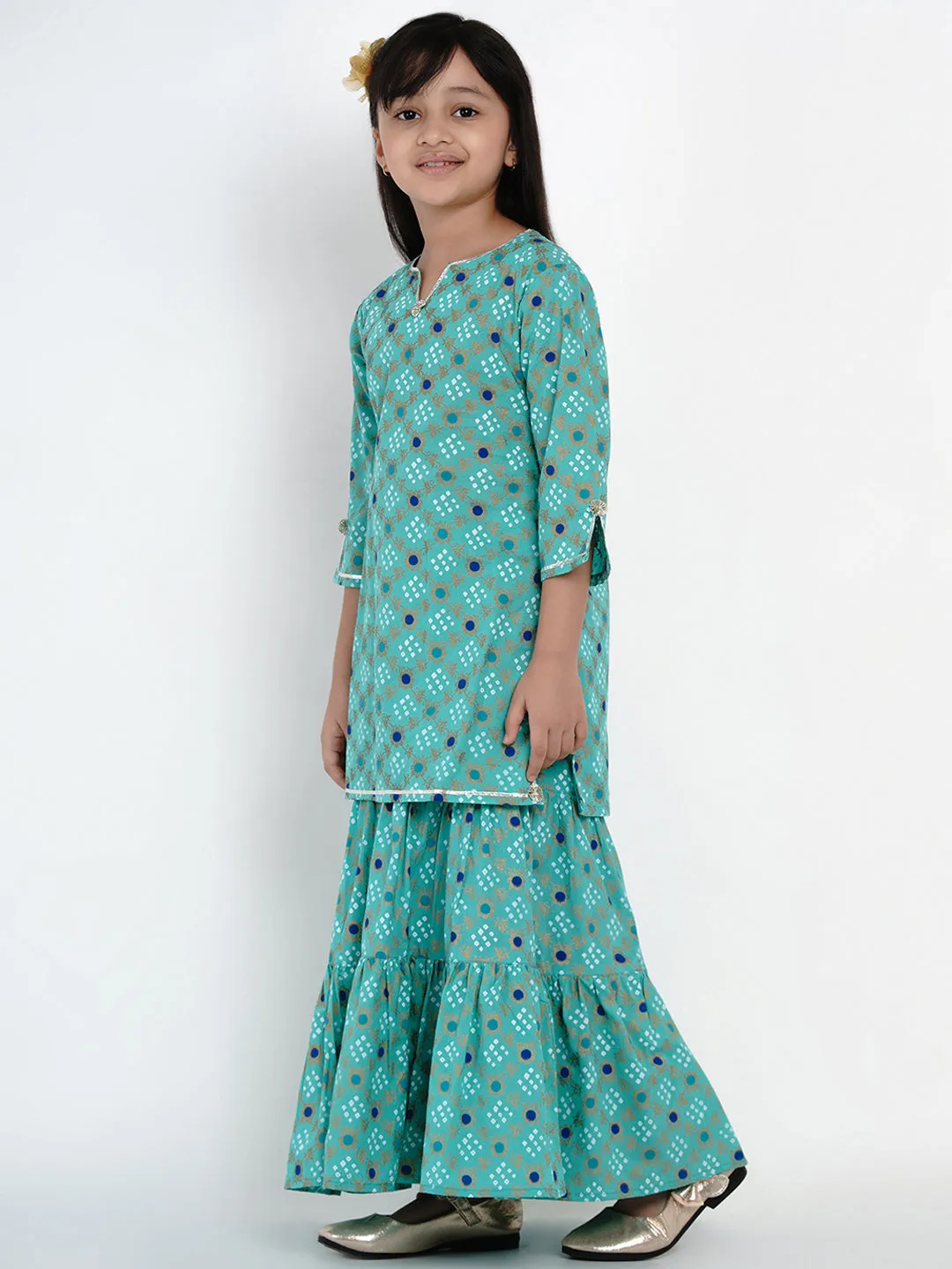 Girls Sea Green Bandhej Printed Kurta With Sharara