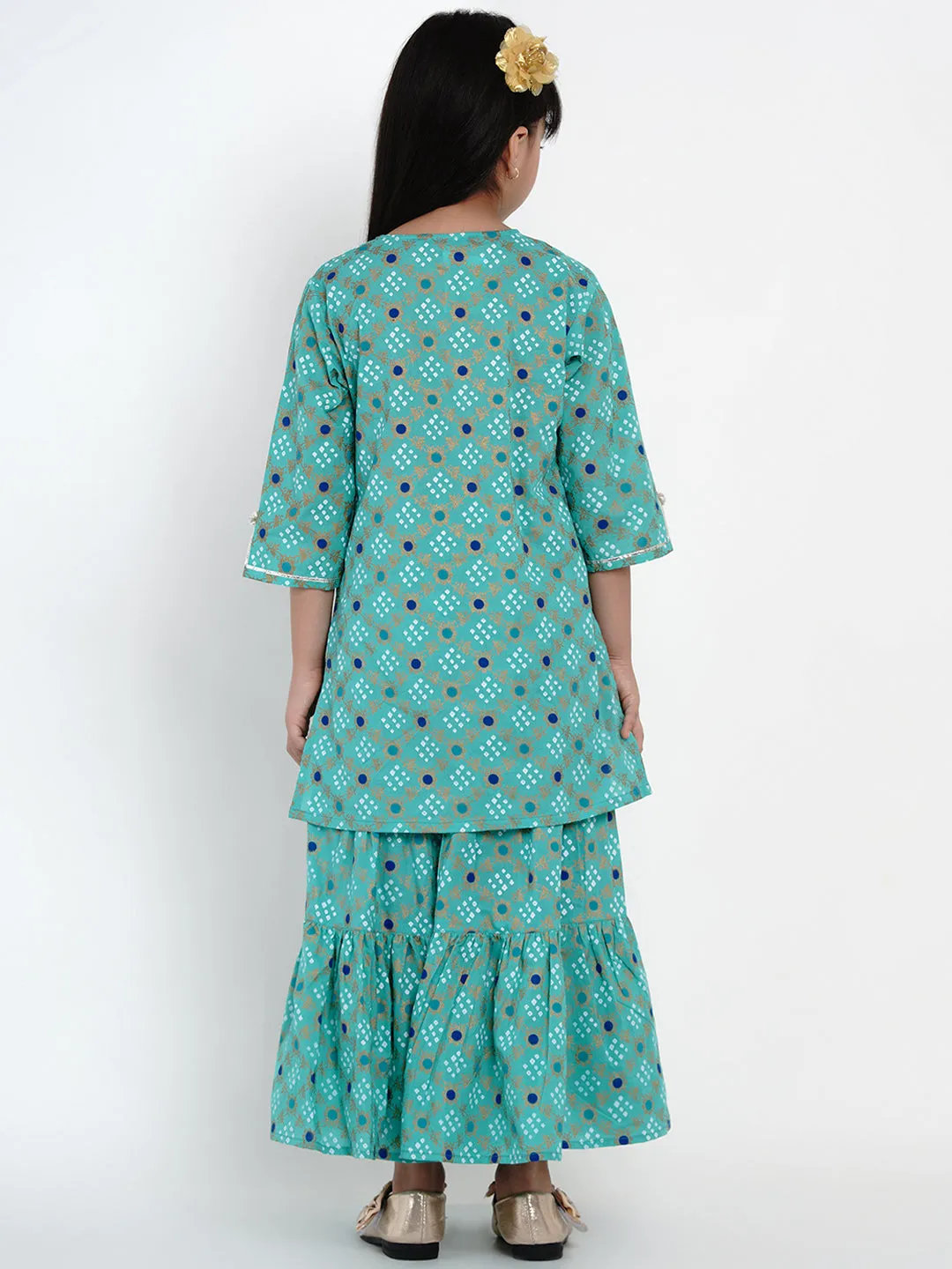 Girls Sea Green Bandhej Printed Kurta With Sharara