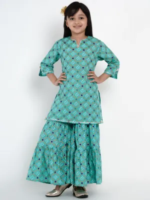 Girls Sea Green Bandhej Printed Kurta With Sharara