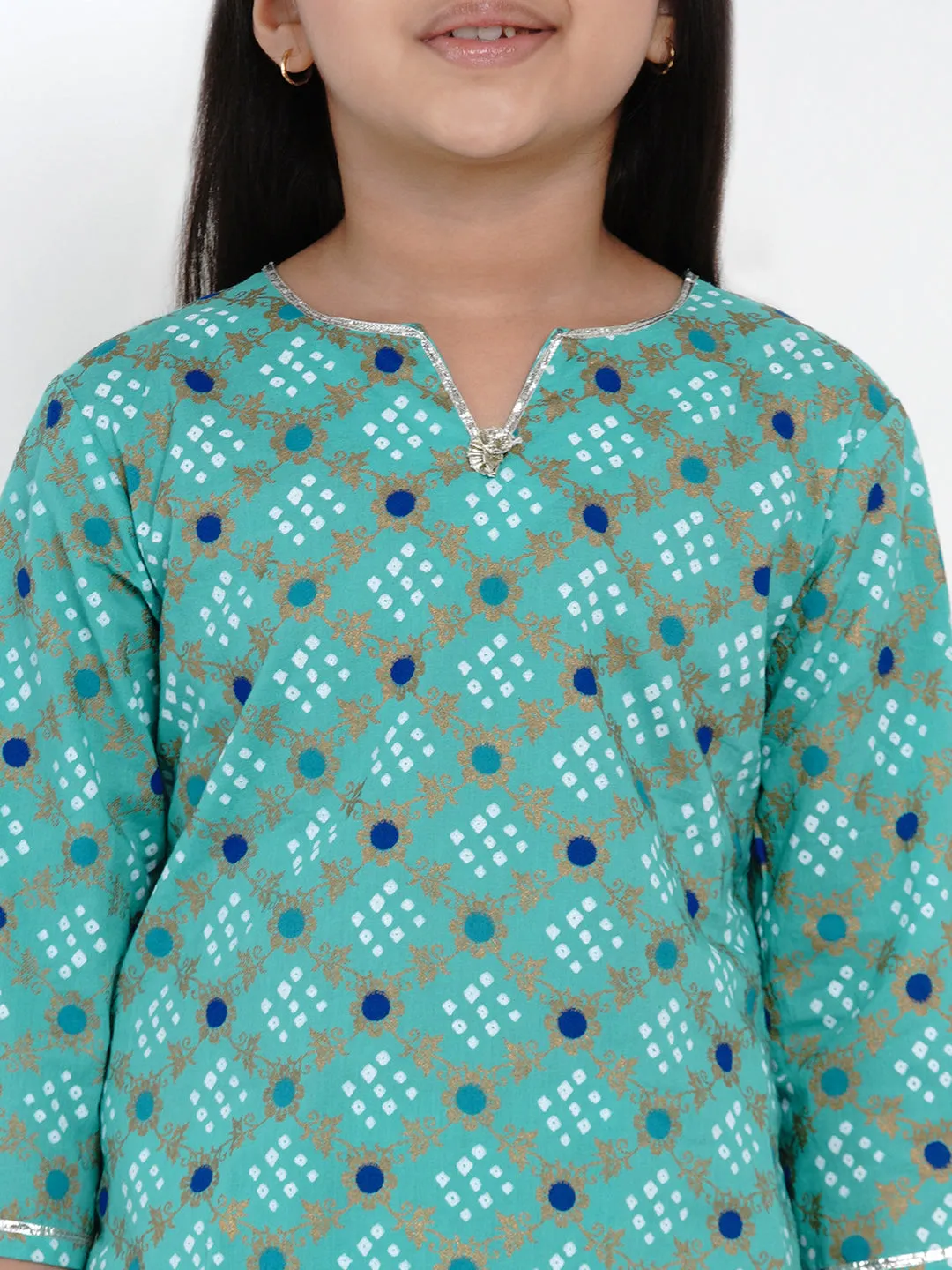 Girls Sea Green Bandhej Printed Kurta With Sharara