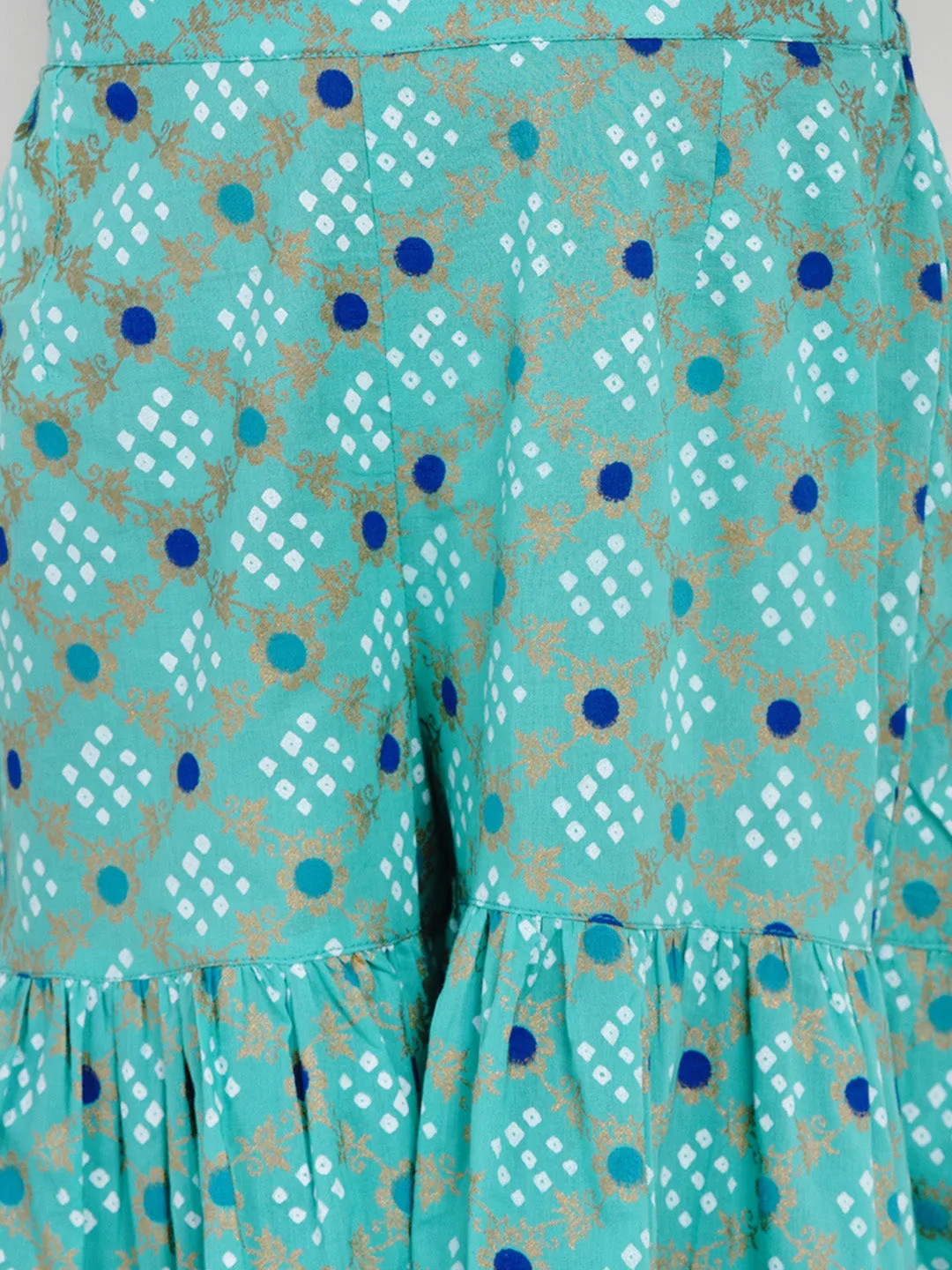 Girls Sea Green Bandhej Printed Kurta With Sharara