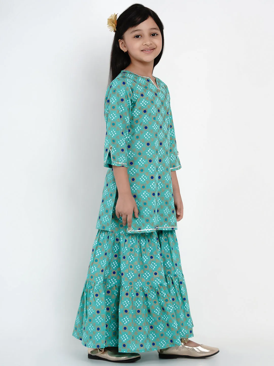 Girls Sea Green Bandhej Printed Kurta With Sharara