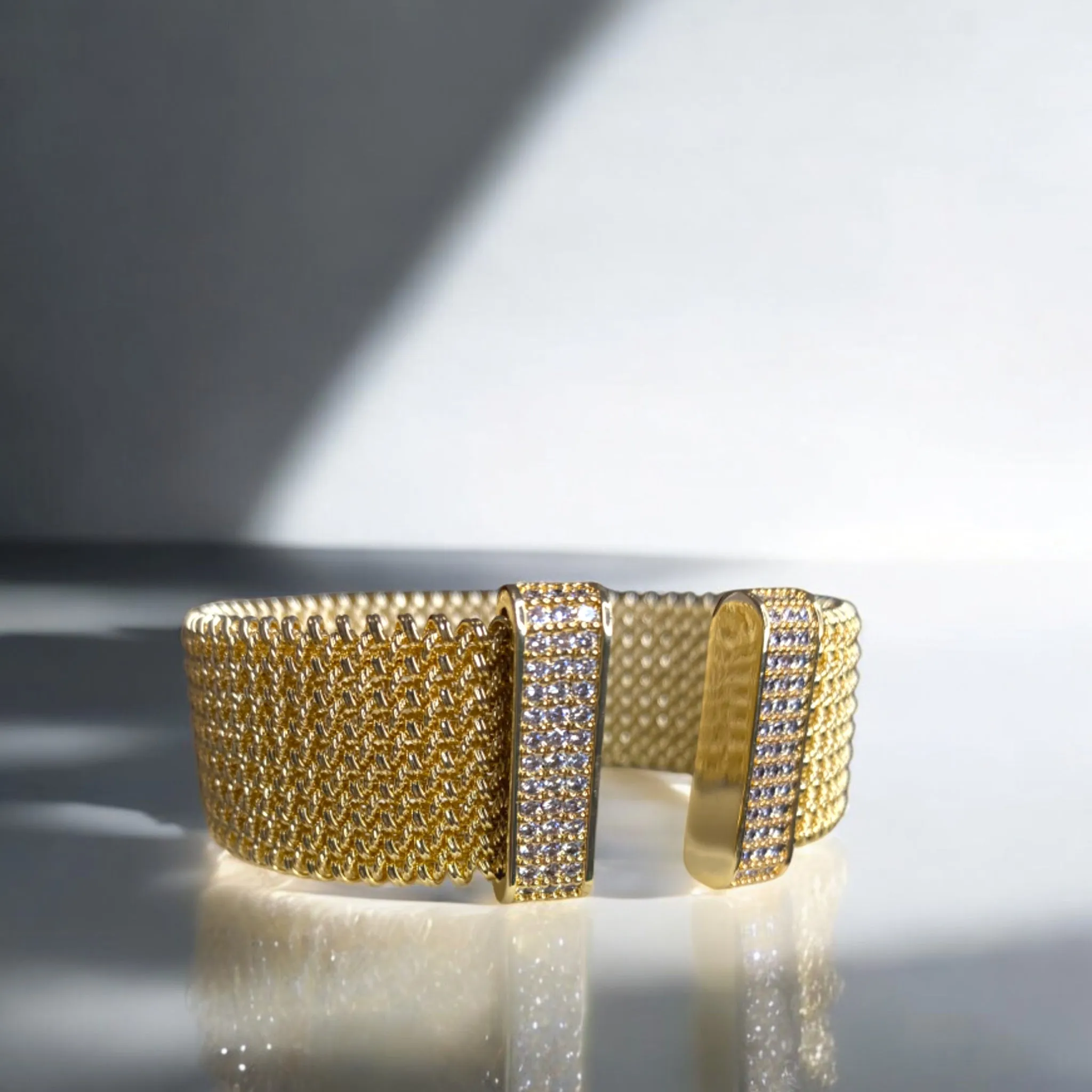 Gold Woven Mesh Bangle with Pave Crystal Ends