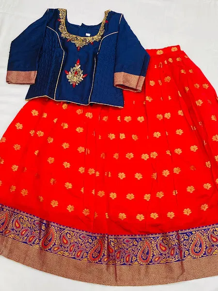 Graceful Embroidered Girls Lehenga Choli In Blue - Red