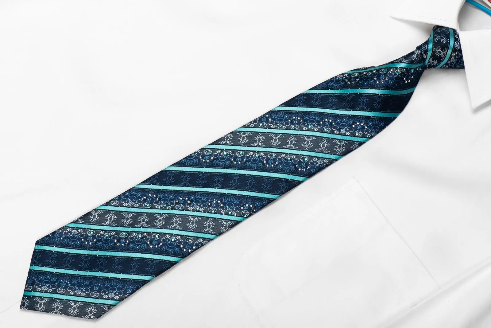 Grang Cia Men's Crystal Silk Necktie Blue Striped On Navy With Silver Sparkles