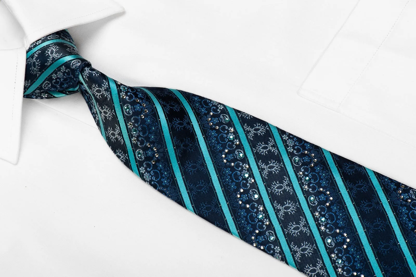 Grang Cia Men's Crystal Silk Necktie Blue Striped On Navy With Silver Sparkles