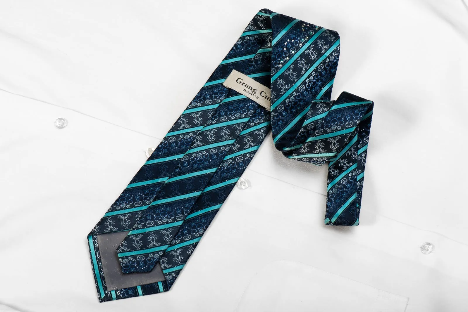 Grang Cia Men's Crystal Silk Necktie Blue Striped On Navy With Silver Sparkles