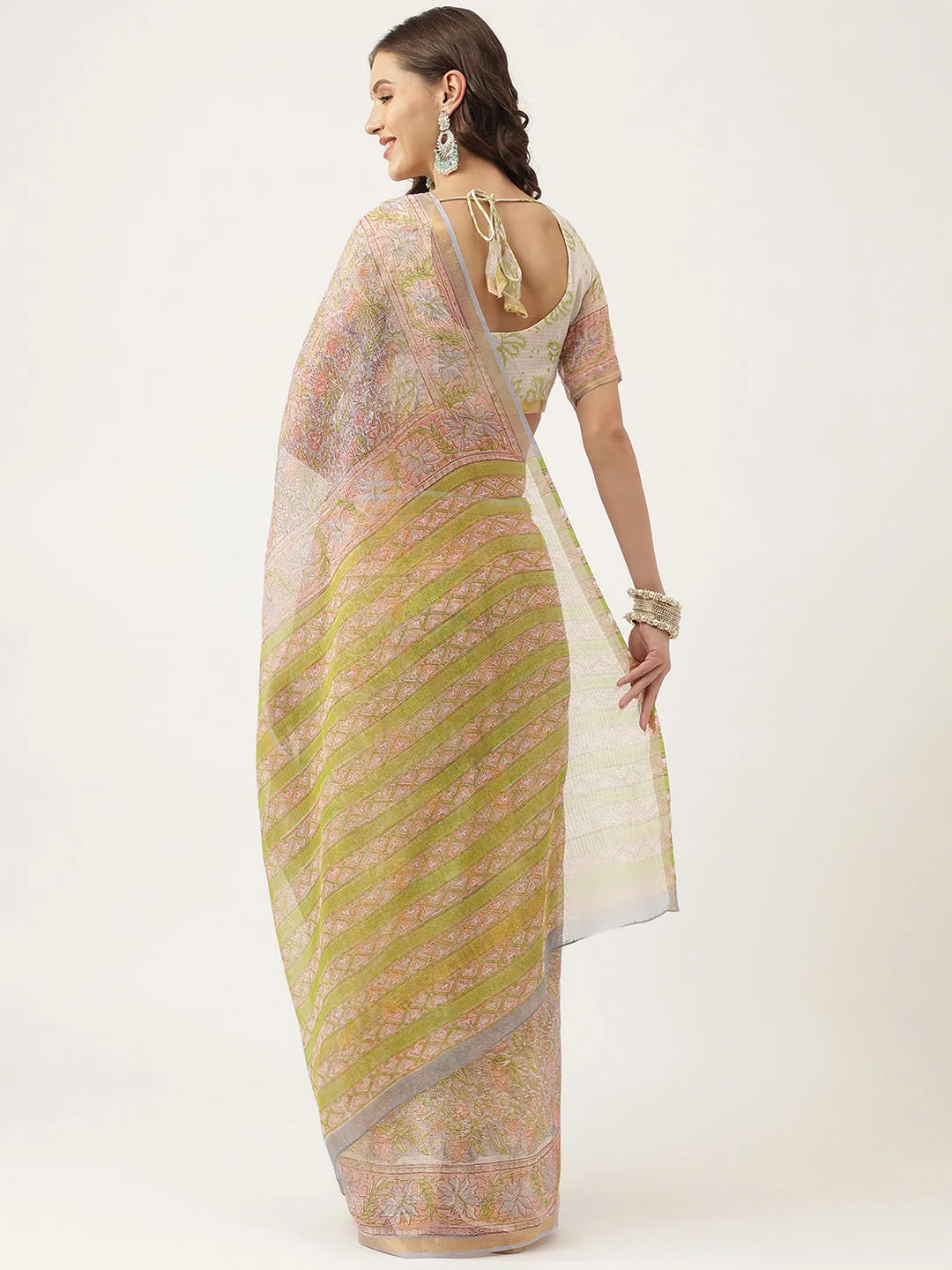Green Hand Block Kota Doria Saree
