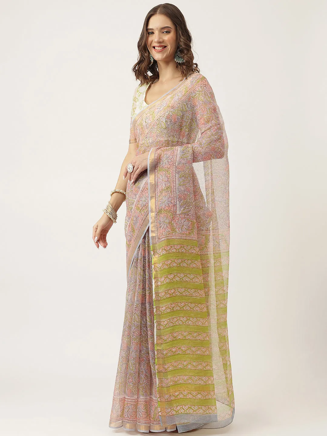Green Hand Block Kota Doria Saree
