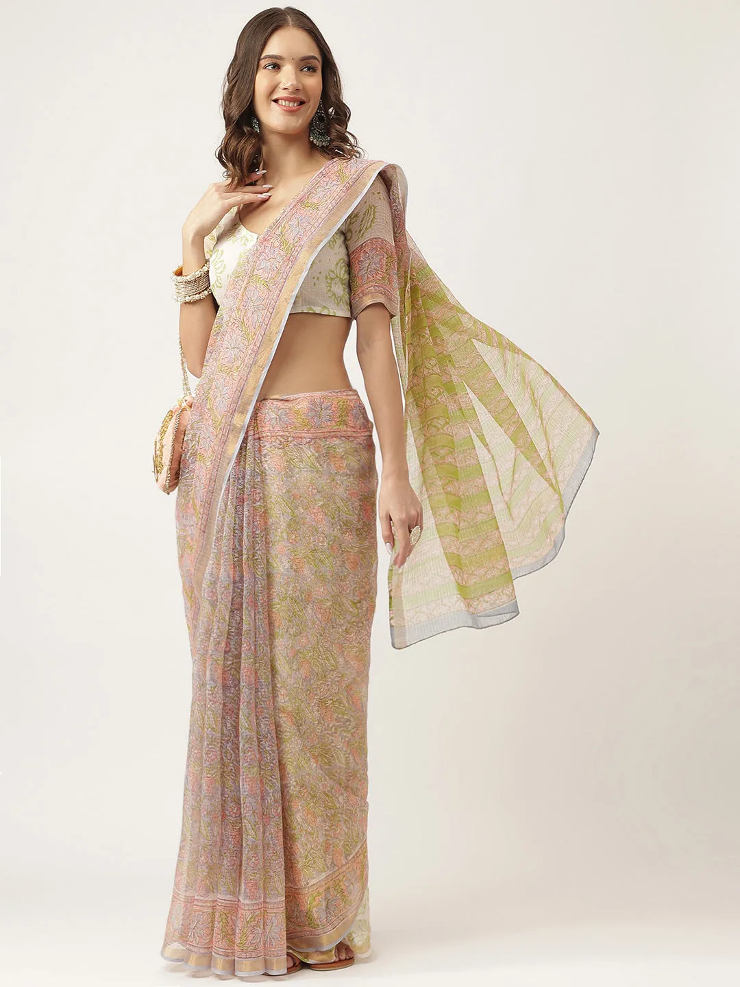 Green Hand Block Kota Doria Saree
