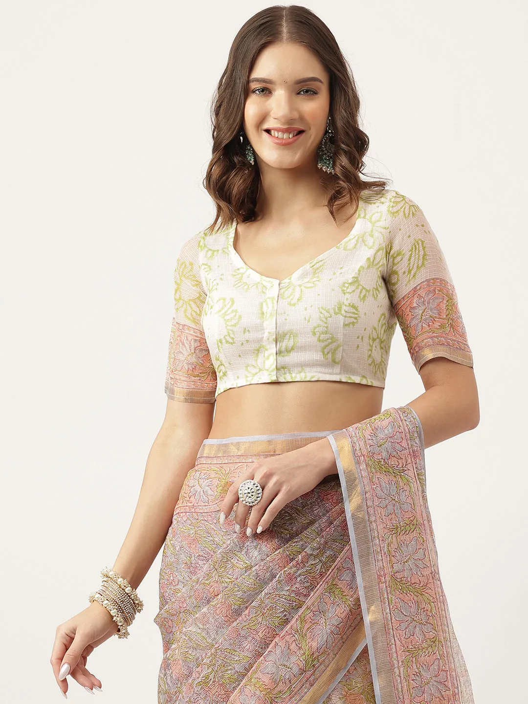 Green Hand Block Kota Doria Saree