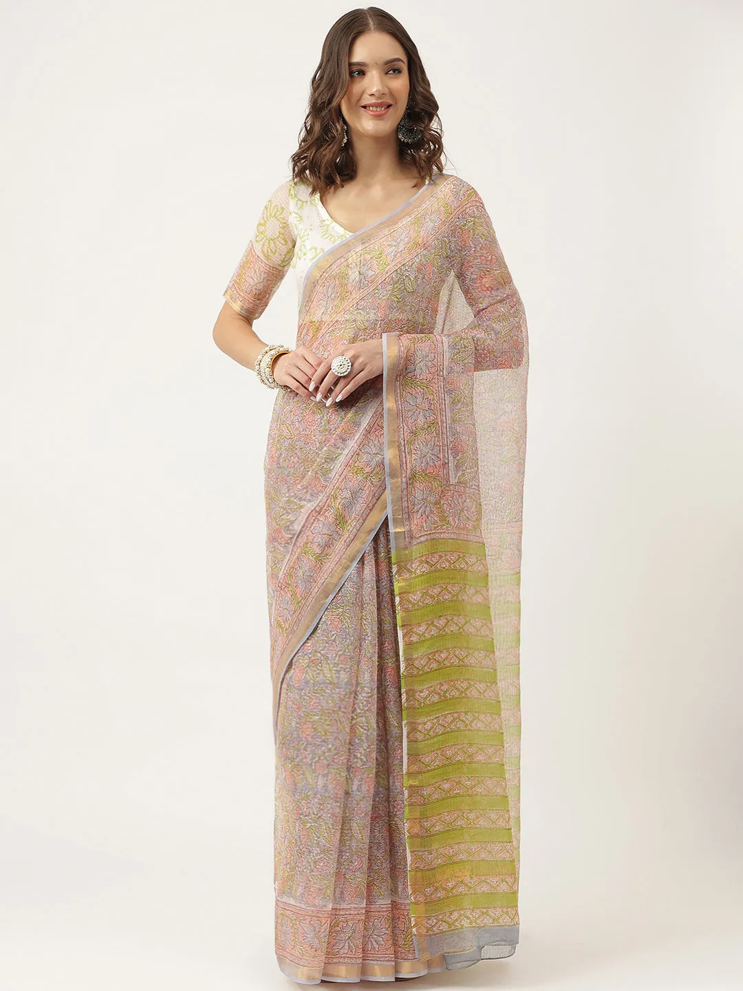 Green Hand Block Kota Doria Saree