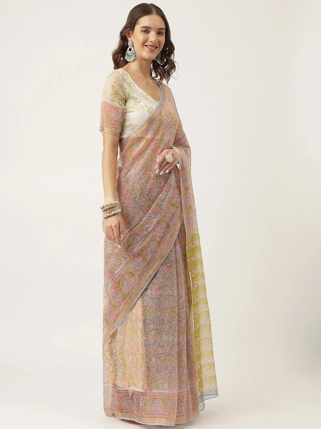 Green Hand Block Kota Doria Saree