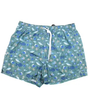 Kiton Swimwear Men Swim Shorts L Ceylon Gray Royal Blue Fish SALE