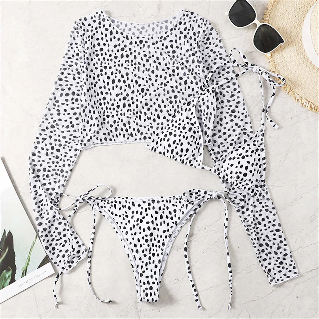 Leopard Printed Bikini Women Swimwear Female Swimsuit Three-pieces Bikini set Long Sleeve Bather Bathing Suit Swim V3193