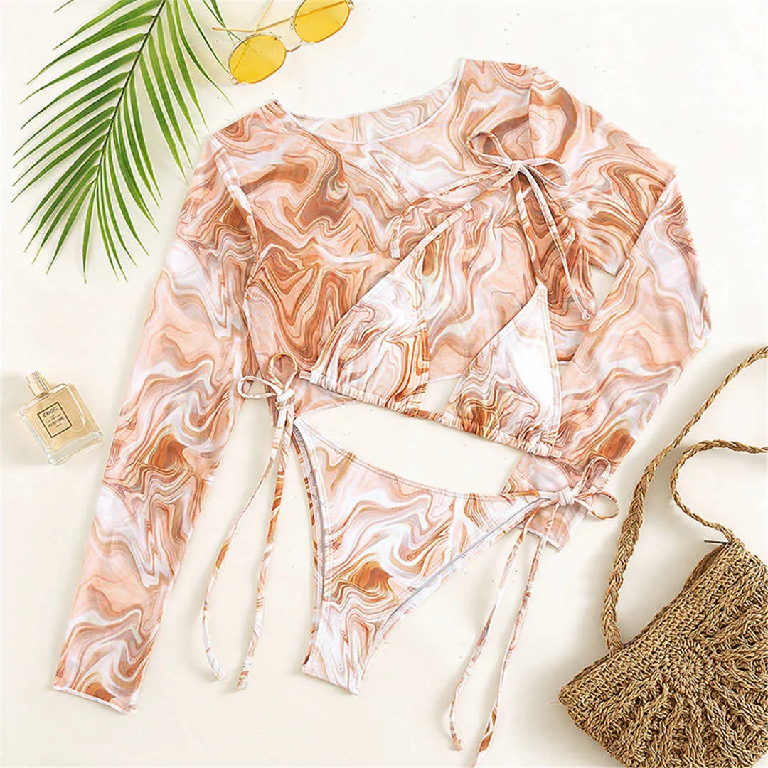 Leopard Printed Bikini Women Swimwear Female Swimsuit Three-pieces Bikini set Long Sleeve Bather Bathing Suit Swim V3193