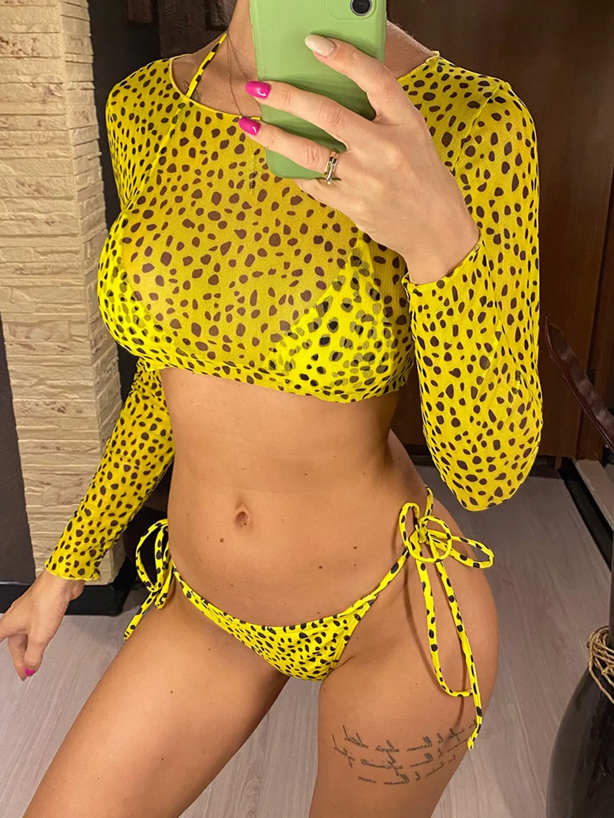 Leopard Printed Bikini Women Swimwear Female Swimsuit Three-pieces Bikini set Long Sleeve Bather Bathing Suit Swim V3193