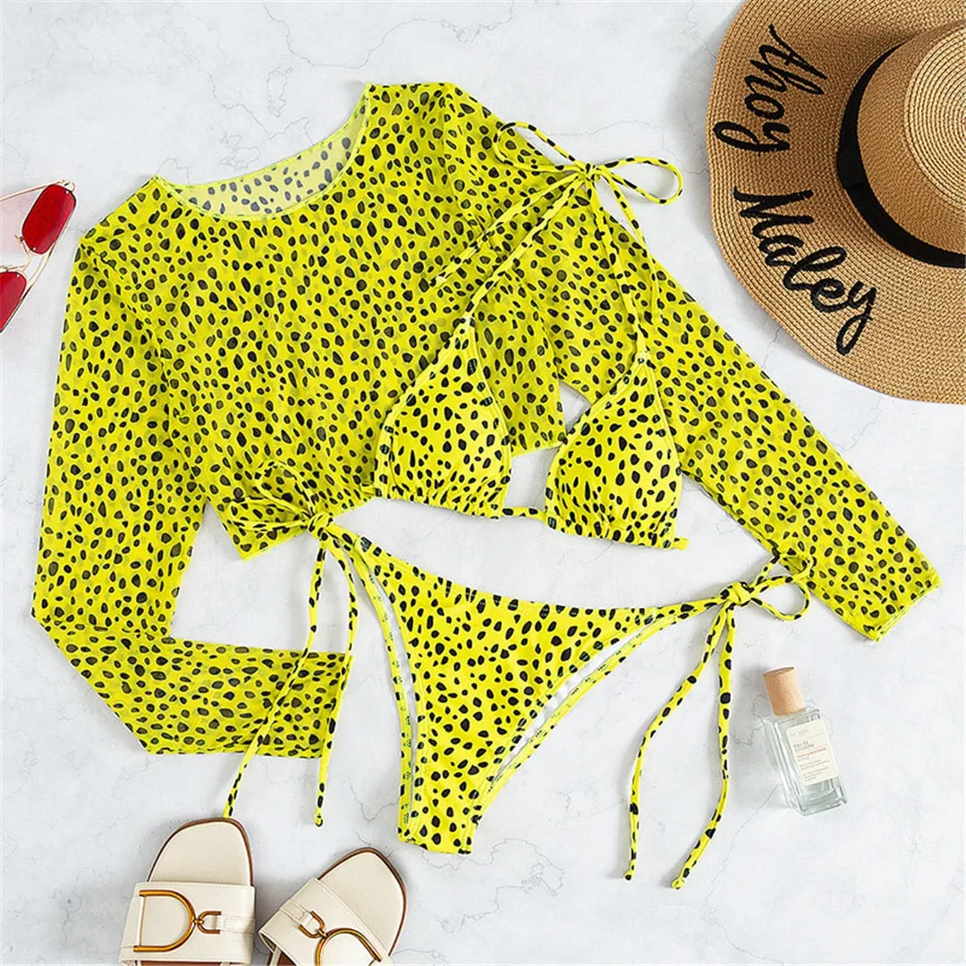 Leopard Printed Bikini Women Swimwear Female Swimsuit Three-pieces Bikini set Long Sleeve Bather Bathing Suit Swim V3193
