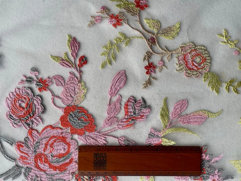 Lushly Embroidered Peonies on Pale Aqua Polyester Mesh (Made in Italy)